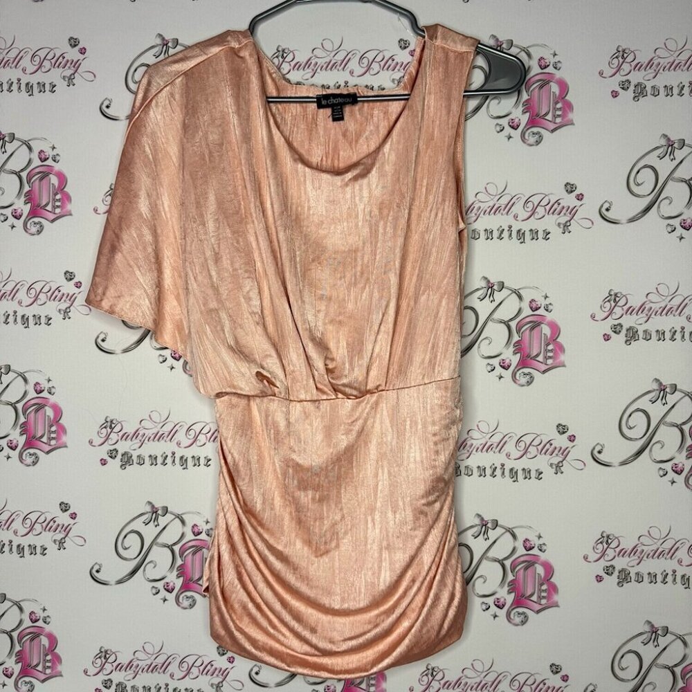 Le Chateau one shoulder tank top peach pink shimmer fabric slinky soft sexy y2k